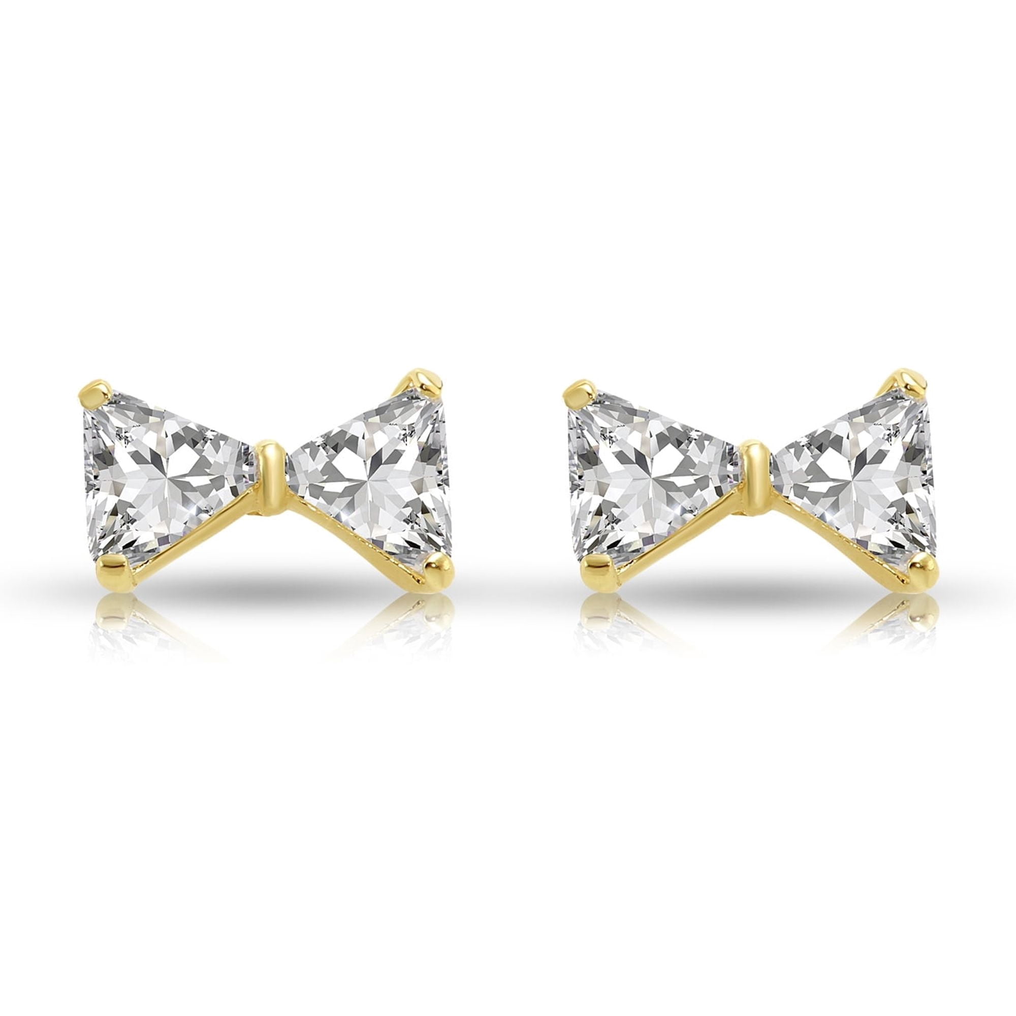 Tilo Jewelry 14K Yellow Gold Ribbon Bow Stud Post Earrings with Cubic Zirconia CZ Stones | Secure Screw-Backs | Dainty Everyday Earrings for Women & Unisex