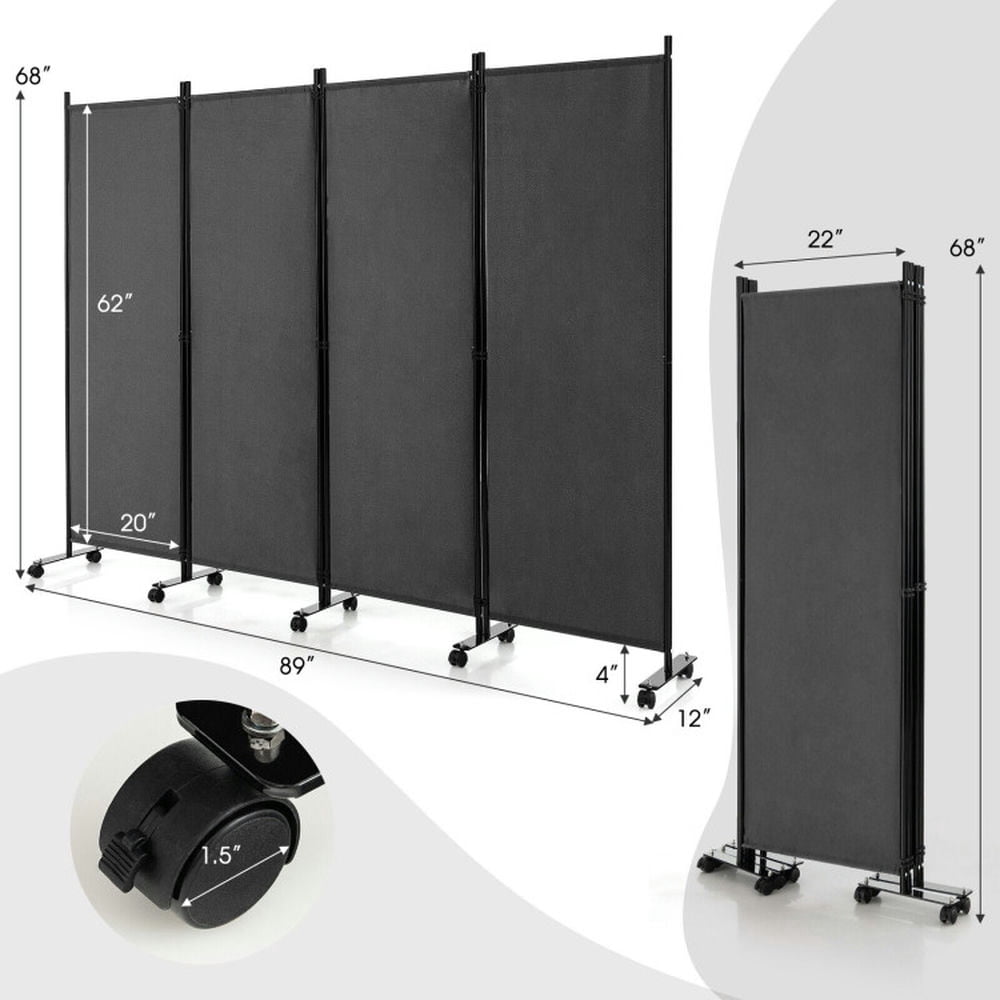Kadyn Partition Room Dividers,Privacy Screen, 4-Panel Folding Room Divider 6 Feet Rolling Privacy Screen with Lockable Wheels-Gray