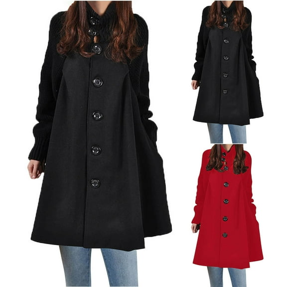 jtjvou Women's Mid Long Length Single Breasted Cowl High Neck Loose Button Down Woolen Cloak Coat Jacket Black L