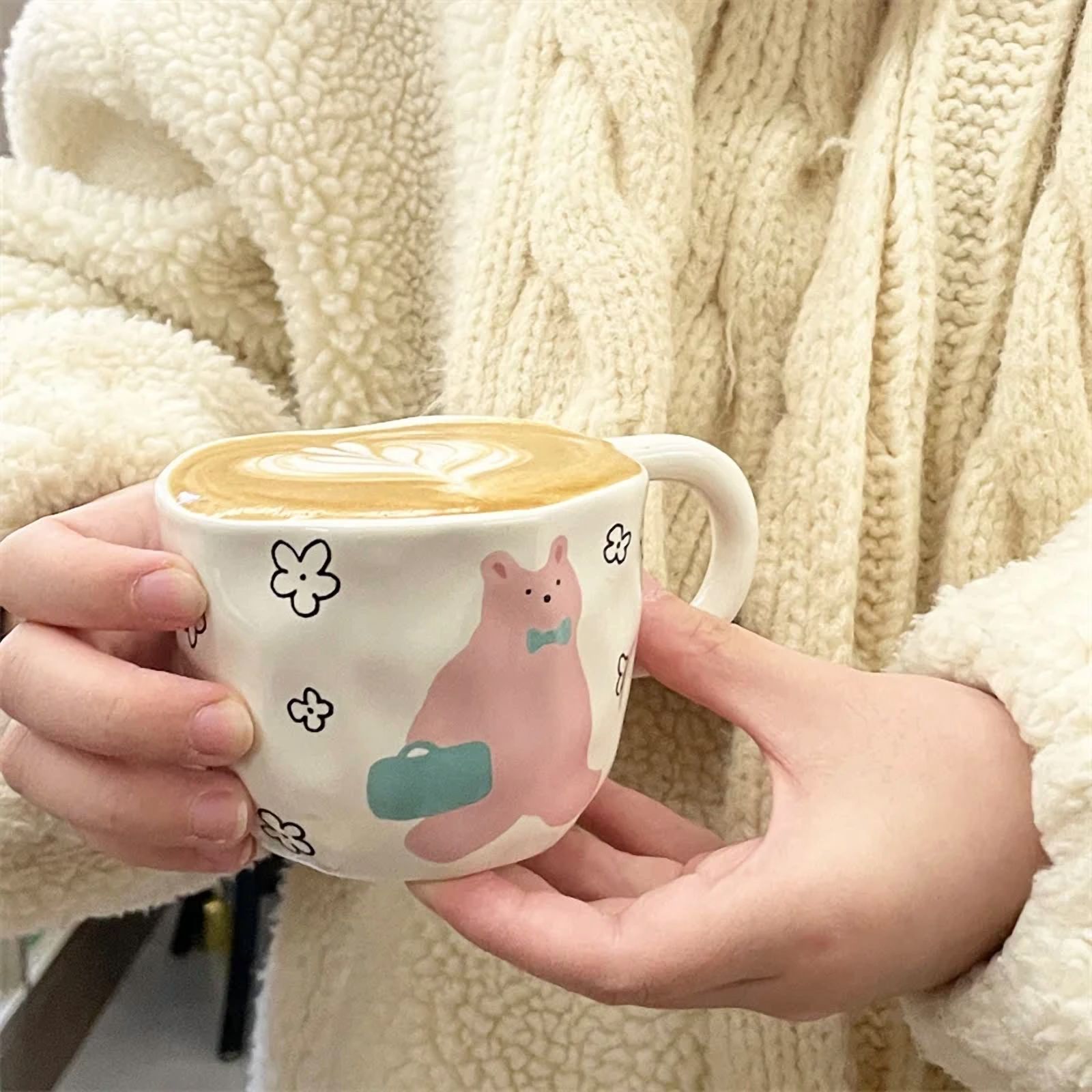 Espresso cup Hand Pinched Irregular Ceramic Mug Cute Bear Pattern Coffee Cup