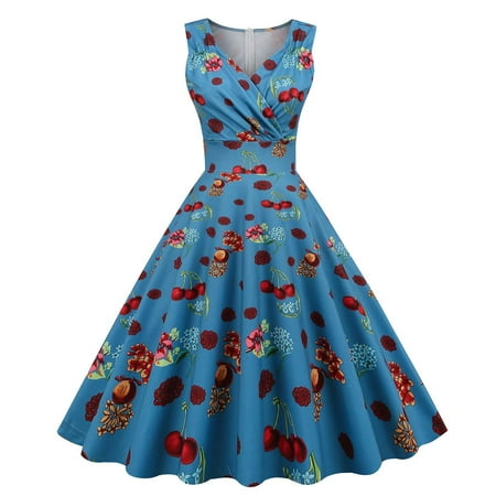 

YanHoo Women s Cocktail Party Dresses Summer Vintage Sleeveless V Neck Swing Dress Floral Print High Waist Babydoll Dress