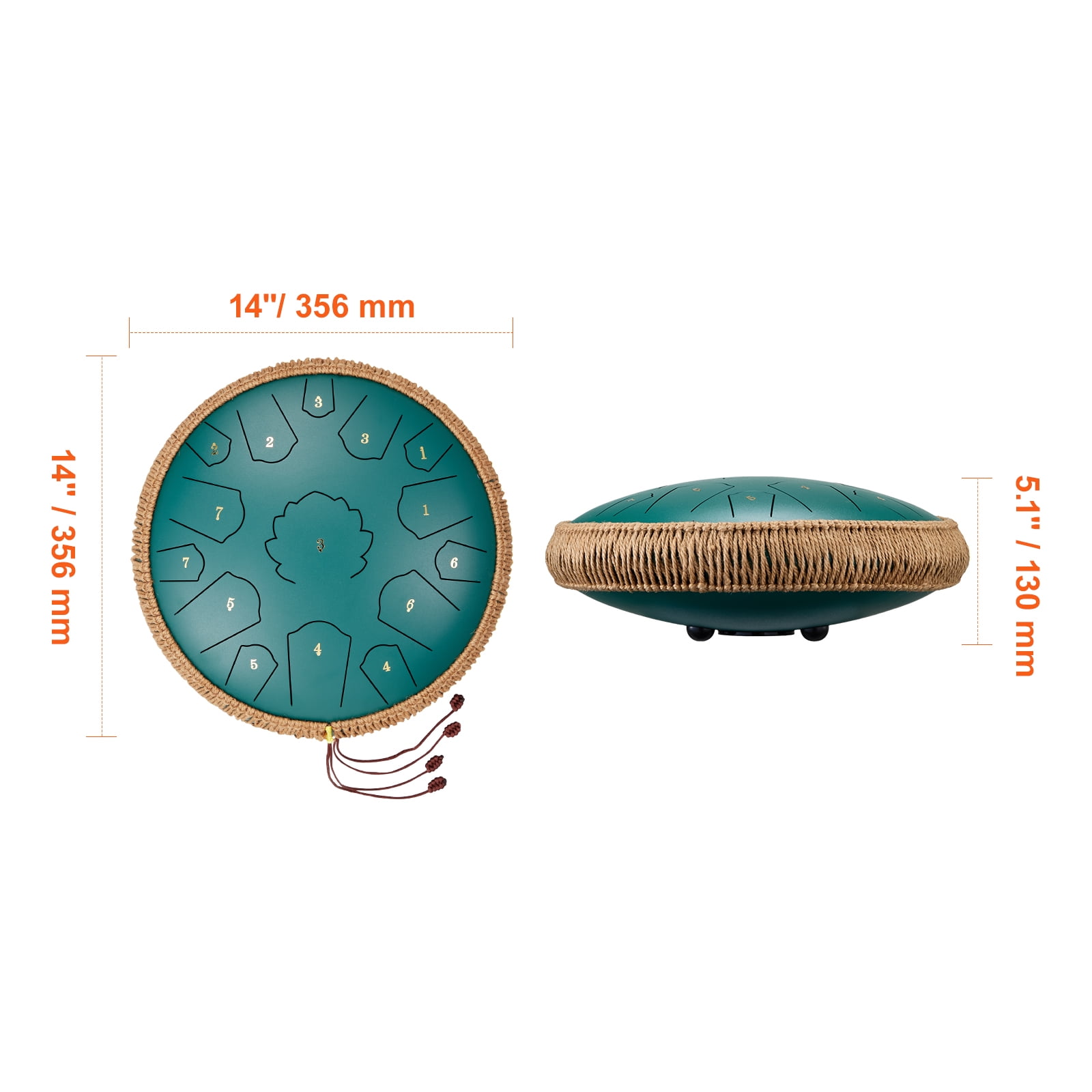 VEVOR Steel Tongue Drum, 14 in & 15 Notes, Rain Drum for Outside Garden, C Major Key, Tank Drum with 2 Mallets & Carry Bag, Hand Pan Drum Percussion Instrument for Musical Education Yoga, Green