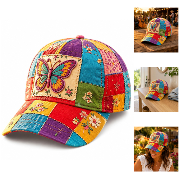 2026 Coat of Many Colors - Country Butterfly Patchwork Cap, Womens Soft Breathable Embroidered Baseball Hat, Adjustable Vintage Country Sun Protection Cap 1Pcs