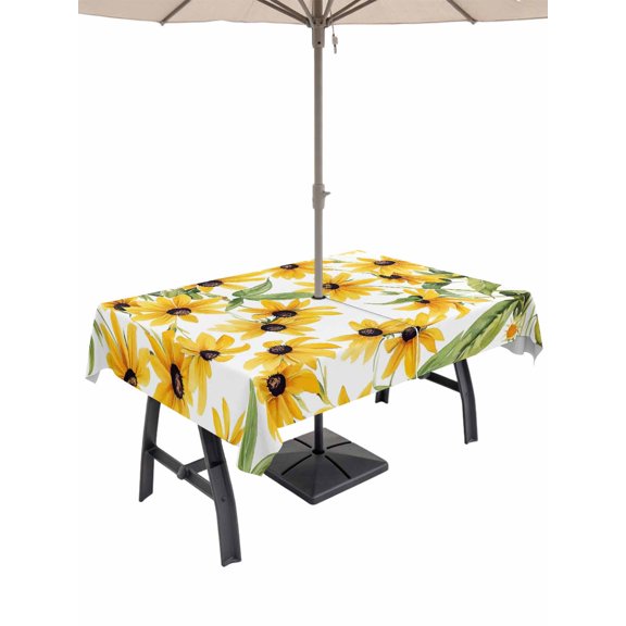 Outdoor Tablecloth with Umbrella Hole for Patio/Picnic/Party/Camping, Sunflowers Waterproof Table Cloth Rectangle Table Cover Washable, Yellow Botanical Floral Green Leaf (54"x 80")