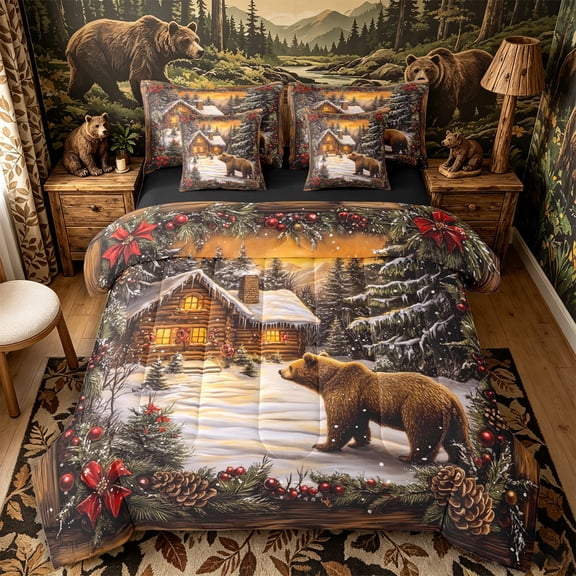 Castle Fairy Vintage Winter Cabin Bear 7-Piece Twin Bedding,Pine Berry Bow Bedding Comforter Set,Brown Red White,Black Reversible