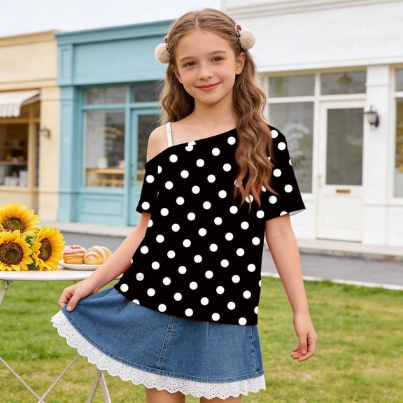 SGFCWSX Girls T Shirts One Shoulder Short Sleeve Polka Dot Print Casual Loose Fit Daily Fashion Tops for Teens Black Size 13