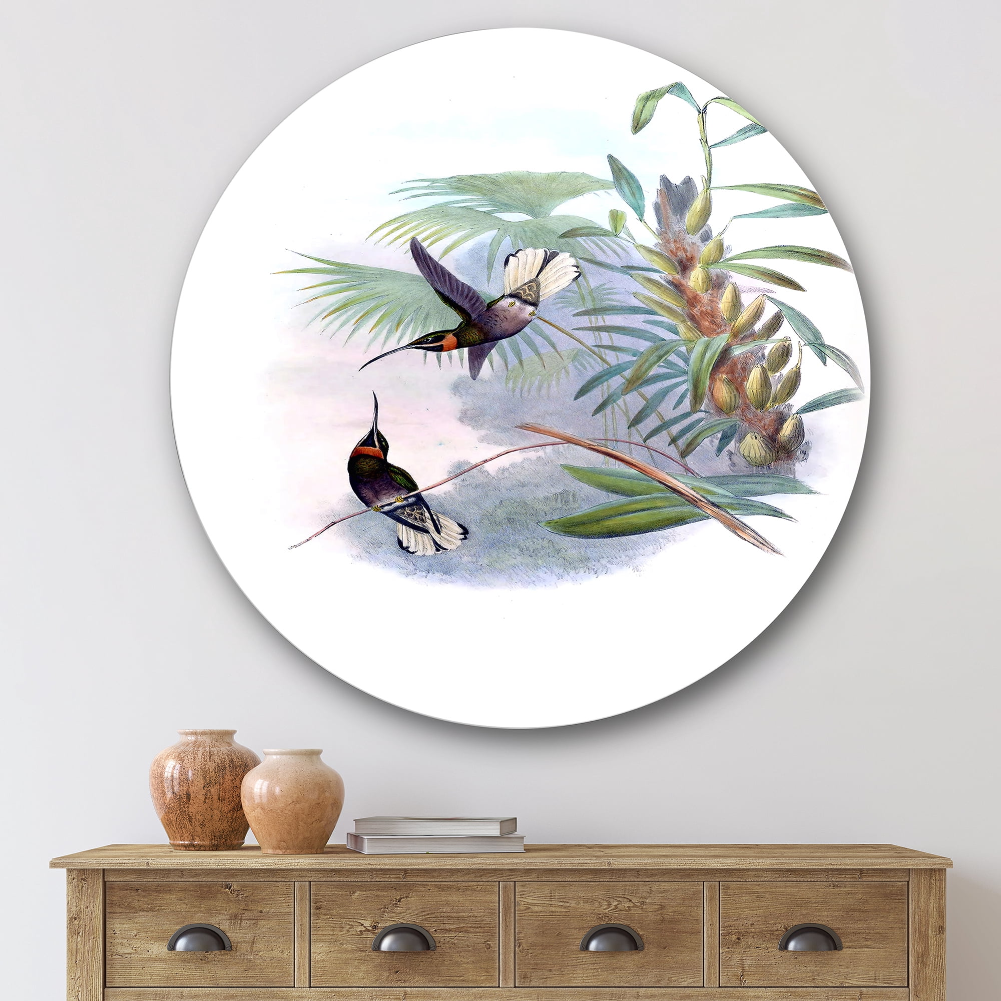 Designart 'Ancient Hummingbird On A Branch' Traditional Circle Metal Wall Art 29x29 - Disc of 29