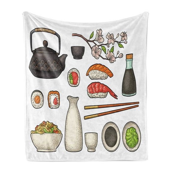 Wasabi Soft Flannel Fleece Throw Blanket, Traditional Japanese Teapot Sushi Chopsticks Noodle Cherry Blossom Sakura, Cozy Plush for Indoor and Outdoor Use, 60" x 80", Multicolor, by Ambesonne