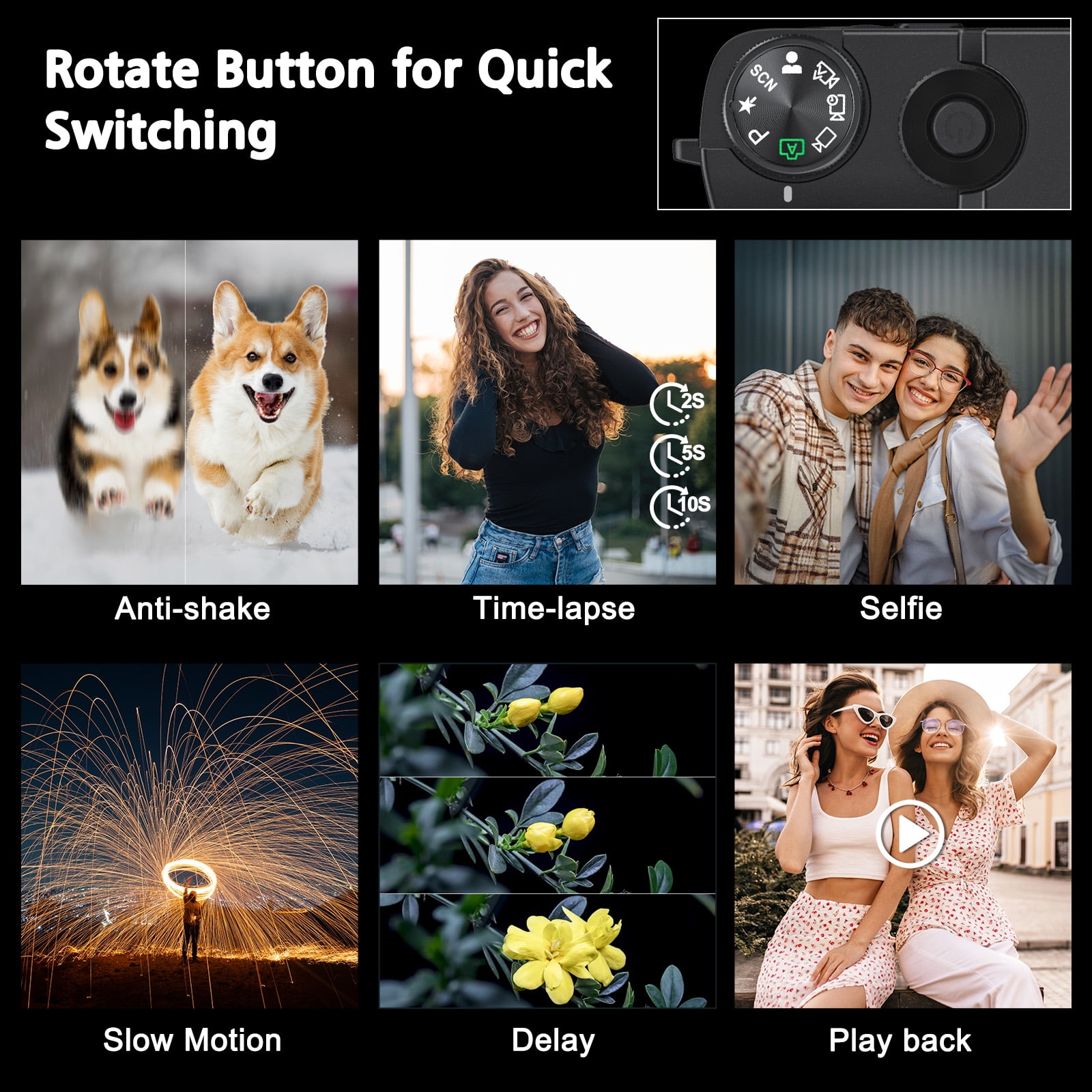 5K Digital Camera,64MP Vlogging Camera, Rear and Front Cameras for Photography and Video, Autofocus & Anti-Shake, Travel Selfie for YouTube with Flash Dial 64GB Card