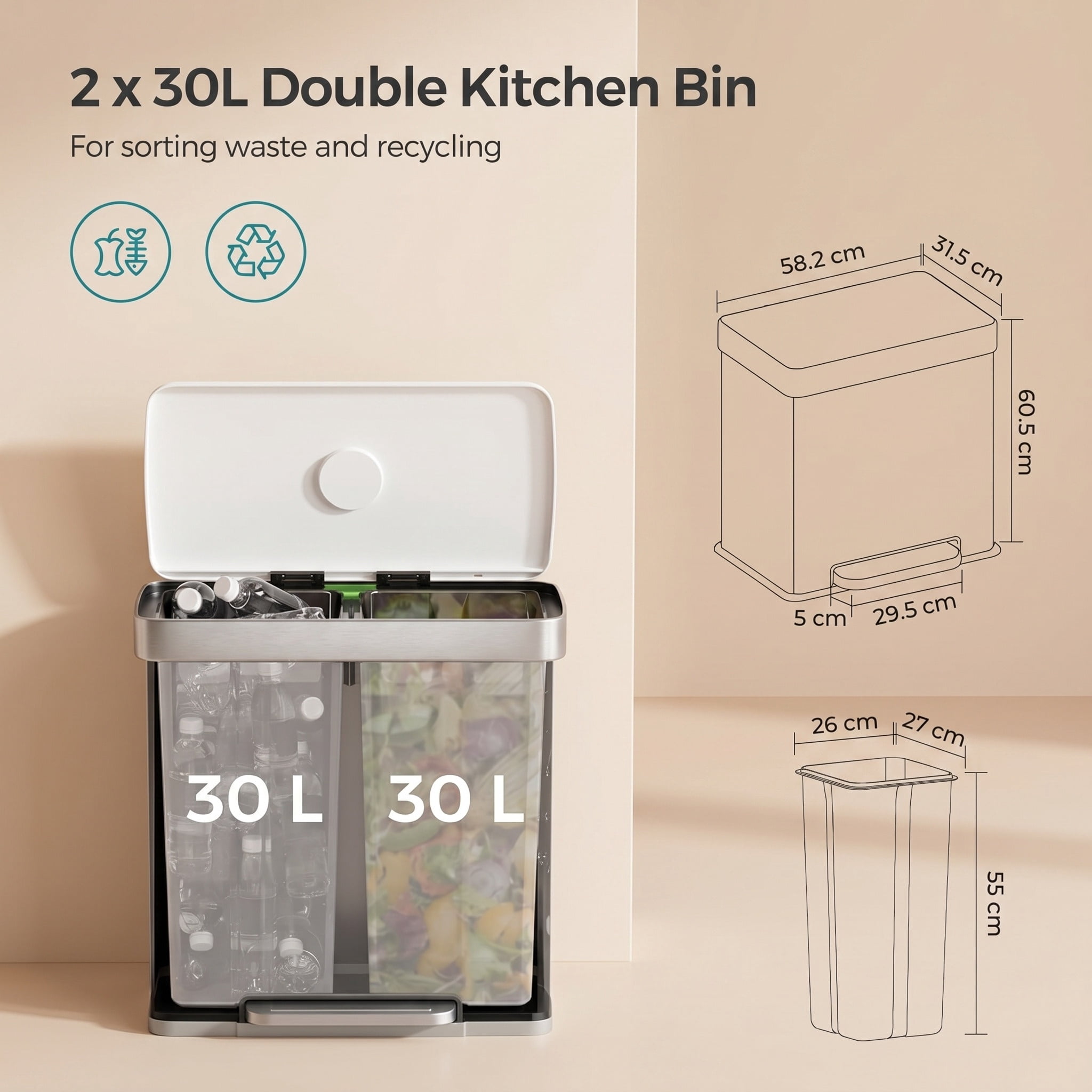 16 Gal. (2 x 8 Gal.) White Stainless Steel Dual Compartment Trash Can with Soft-Close Lid and Inner Buckets