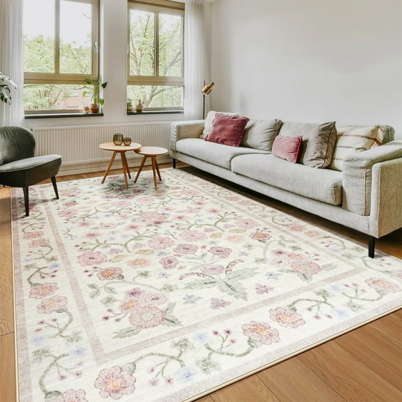Ultrug Floral Area Rug Soft Non Slip Vintage Rugs for Living Room Bedroom Home Deocr Flower Carpet,5'x8',Beige