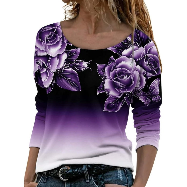 JDEFEG Womens T Shirts Short Sleeve Loose Fit Women Long Sleeve Loose Round  Neck Casual Pullover Rose Printed T Shirt Top Girl Sleeve Polyester Purple  S 