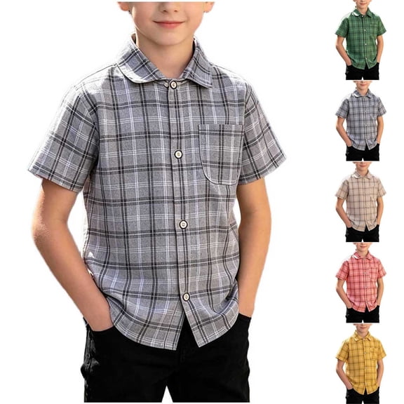 Cethrio Boys' Button Down Shirts Size 8, School Uniform Summer Collared Boys Short Sleeve Shirts Plaid Shirts Gray