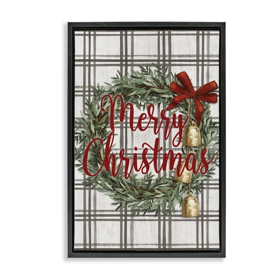 Stupell Industries Plaid Christmas Wreath Holiday Painting Black Floater Framed Canvas Art Prints Wall Art, 17 x 25