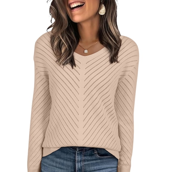 DOKOTOO Sweaters for Women Knit Hollow Out Crochet Sweater Lightweight V Neck Long Sleeve Fall Pullover Tops