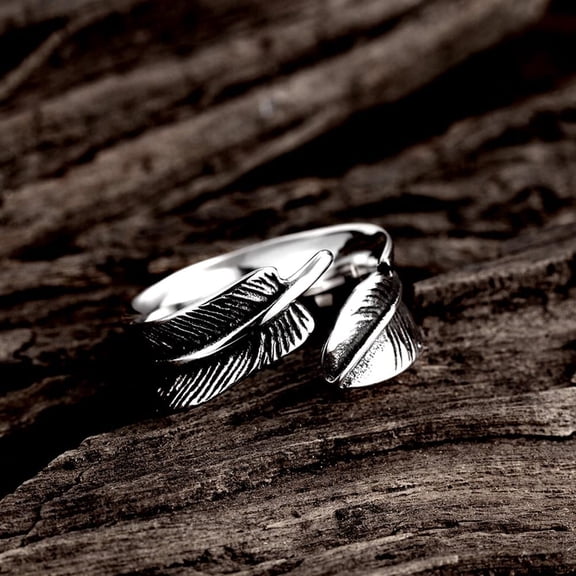 1 pc Fashionable Unisex 316L Surgical Stainless Steel Feather Cuff Rings Open Rings Antique Silver Size 8 18.1mm