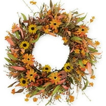 Fall Front Door Wreath,22" Artificial Floral Wreath with Colorful Daisies and Autumn Foliage Fall Orange Wreath for Front Door Wall Window and Thanksgiving Decor