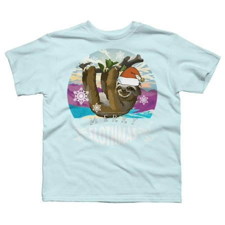 Merry Slothmas - Funny Christmas Pajama for Sloth Lovers Boys Light Blue Graphic Tee - Design By Humans L