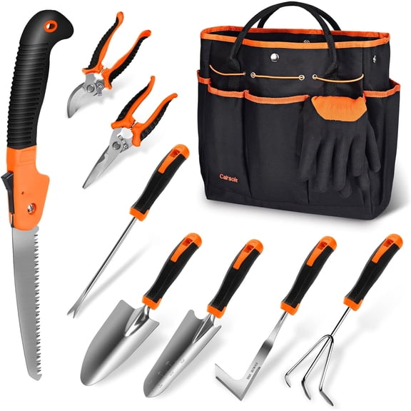 Garden Tools Set,10 Piece Stainless Steel Heavy Duty Gardening Tools Set for Planting Pruning Gardening Kit with Durable Gardening Bag Gloves Gift Box Ideal Garden Gifts for Women Men(Orange)