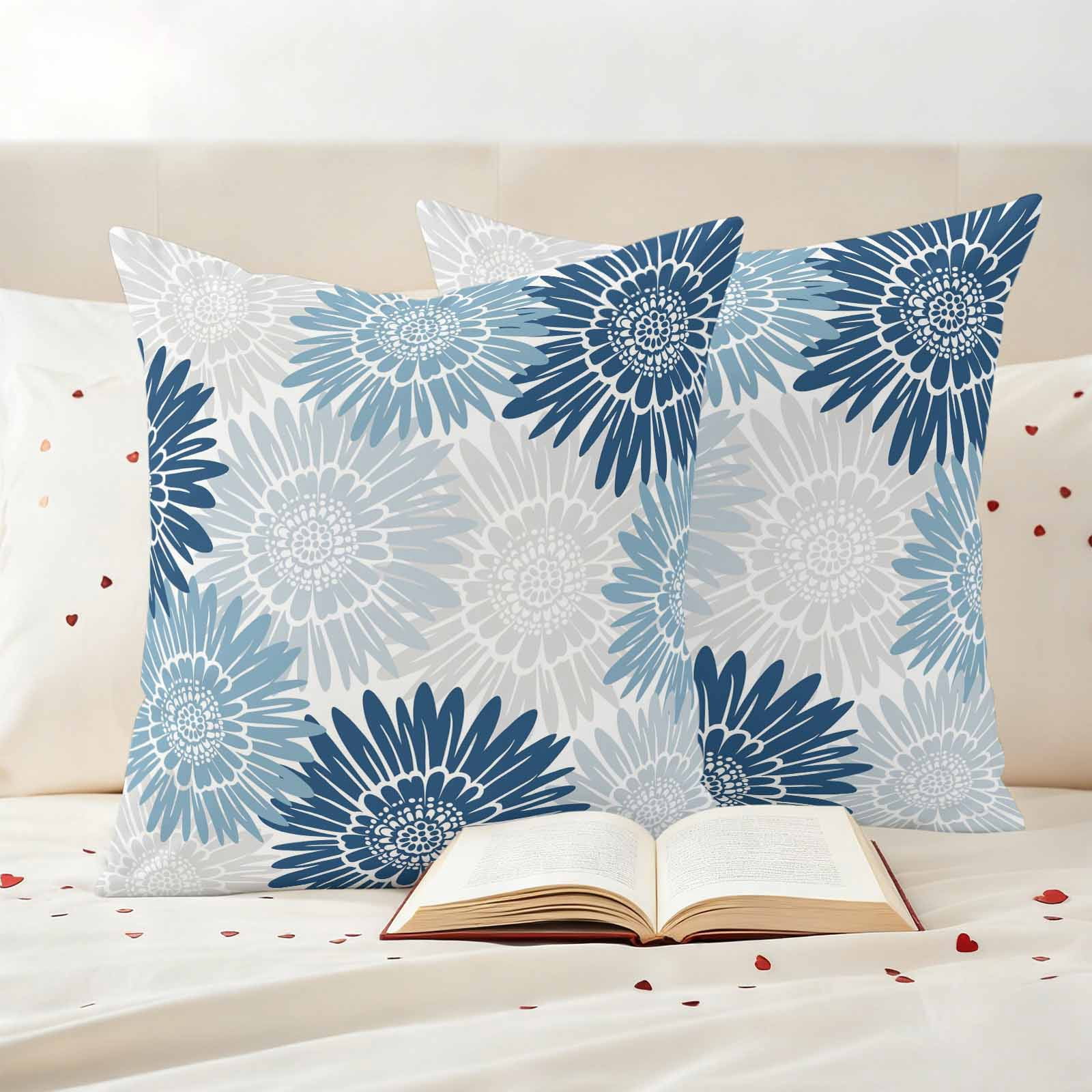 Blue Grey Sunflowers Outdoor Waterproof Throw Pillow Covers 26x26 Set of 2, Boho Vintage Floral Rustic Blossom Decorative Pillowcases Cushion Pillowcase for Couch Sofa Patio Outside Pillow Protector