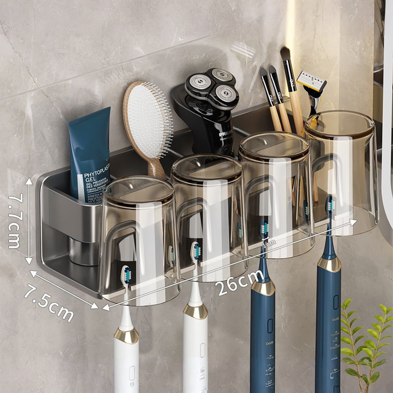 Wall Mounted Toothbrush Holder with 4 Cups No Drilling Bathroom Organizer Self Adhesive Toothpaste Storage Rack Family Set 1Pcs Gray