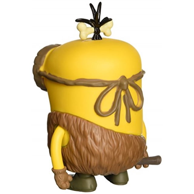 películas funko pop figura minions cro-minion Multicolor — Vista 3/4 trasera de figura Funko POP! Minion con cuerpo amarillo, chaleco de textura peluda marrón, lazo marrón atado en la parte posterior de la cabeza con adorno de hueso negro y crema, maza corta en la mano y botas verdes; a menudo usada para exhibición de colección en estantes.