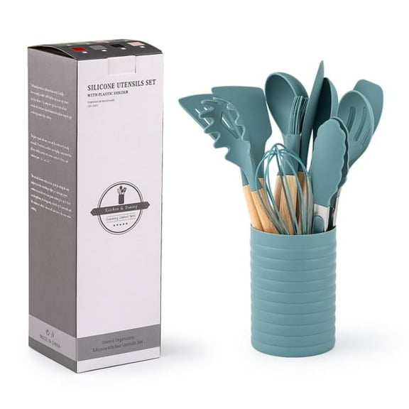KSENDALO Small Silicone Cooking Utensils Set with Holder(12Pack), Aqua Kitchen Utensils with Wooden Handle, Heat Resistant  for Nonstick Cookware of Kitchen Cooking Baking