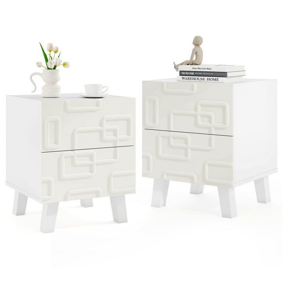 Gymax 2PCS Mid Century Modern Bedside Table w/2 Storage Drawers 3D Geometric Patterns