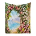 thumbnail image 1 of Art Soft Flannel Fleece Throw Blanket, Old Antique Arch Covered by Rose Petals Branches Romantic Italian Panorama Sea Print, Cozy Plush for Indoor and Outdoor Use, 60" x 80", Multicolor, by Ambesonne, 1 of 6