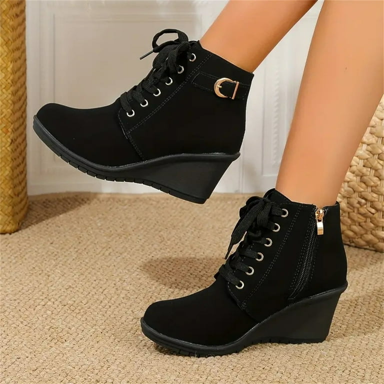 PLLFRLRT Wedge Booties for Women with Heel Black Suede Platform