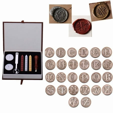 Scrapbooking Wax - Vintage 26 Letter A-Z Alphabet Initial Seal Wax Badge Stamp Kit with Wicks Gift Box Set,A
