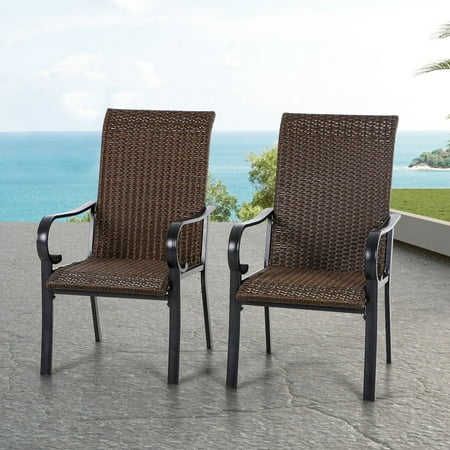 Sophia & William Set of 2 Patio Wicker Rattan Chairs with Powder-coated Steel Frame