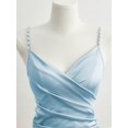 thumbnail image 4 of Blue Satin Bodycon Dress With Pearl-Embellished Spaghetti Straps, Crossover Neckline, Ruched Waist And Side Slit, 4 of 5