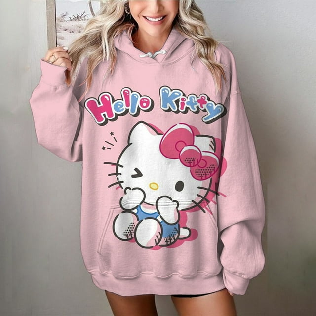 Automne Hiver Femmes Décontracté Mignon Hello Kitty Imprimé Manches Longues Chandail à Cordon Style Mignon Chandail à Capuche 2024