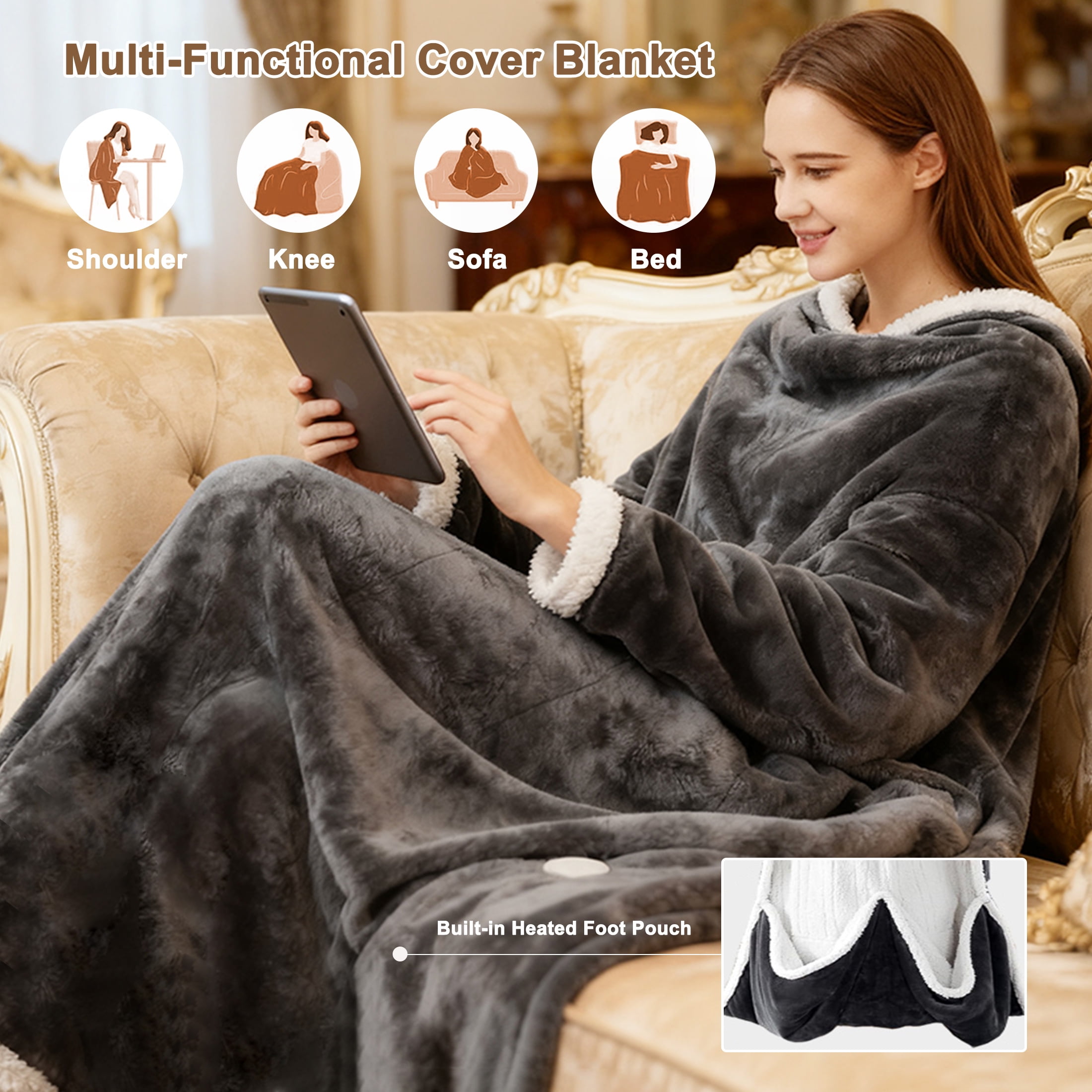 Wearable Heated Blanket，Portable Electric Heated Throw Blanket with Sleeves & Foot Pocket 50"x70"+14" Electric Snuggle Throw, 6 Rapid Heating Settings, 1-12H Auto Shut-off,Machine Wash,Perfect Portab