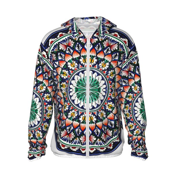 Fotbe Colorful With Blue Oriental Chaqueta con Protección Solar UPF 50+ para Hombre y Mujer, Camisa con Capucha y Bolsillos-Medium