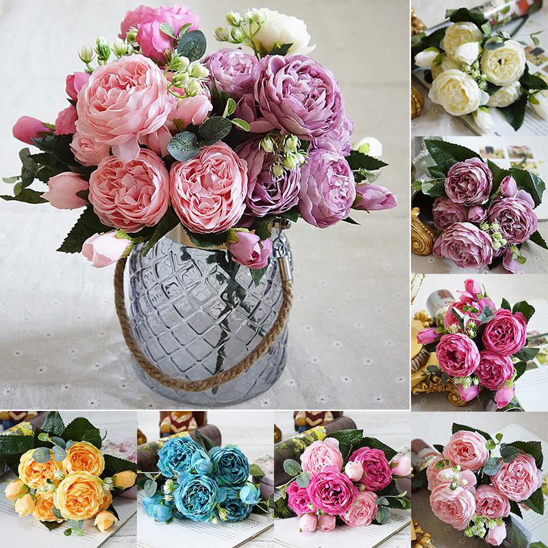 Artificial Flower Small Roses Bouquet Fake Peonies Silk Home Wedding Party Decor 