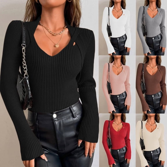 Lightweight Sweaters For Women Casual Long Sleeve Solid Color Black V Neck Winter Outfits Fall Clothes Tunic Tops S-XL