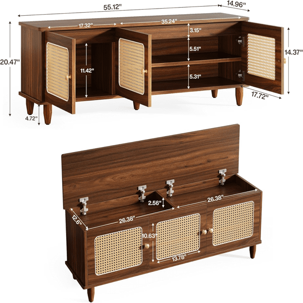AsterOutdoor 3 Rattan Doors Shoe Storage Bench Engineered Wood, Holds 10 pairs