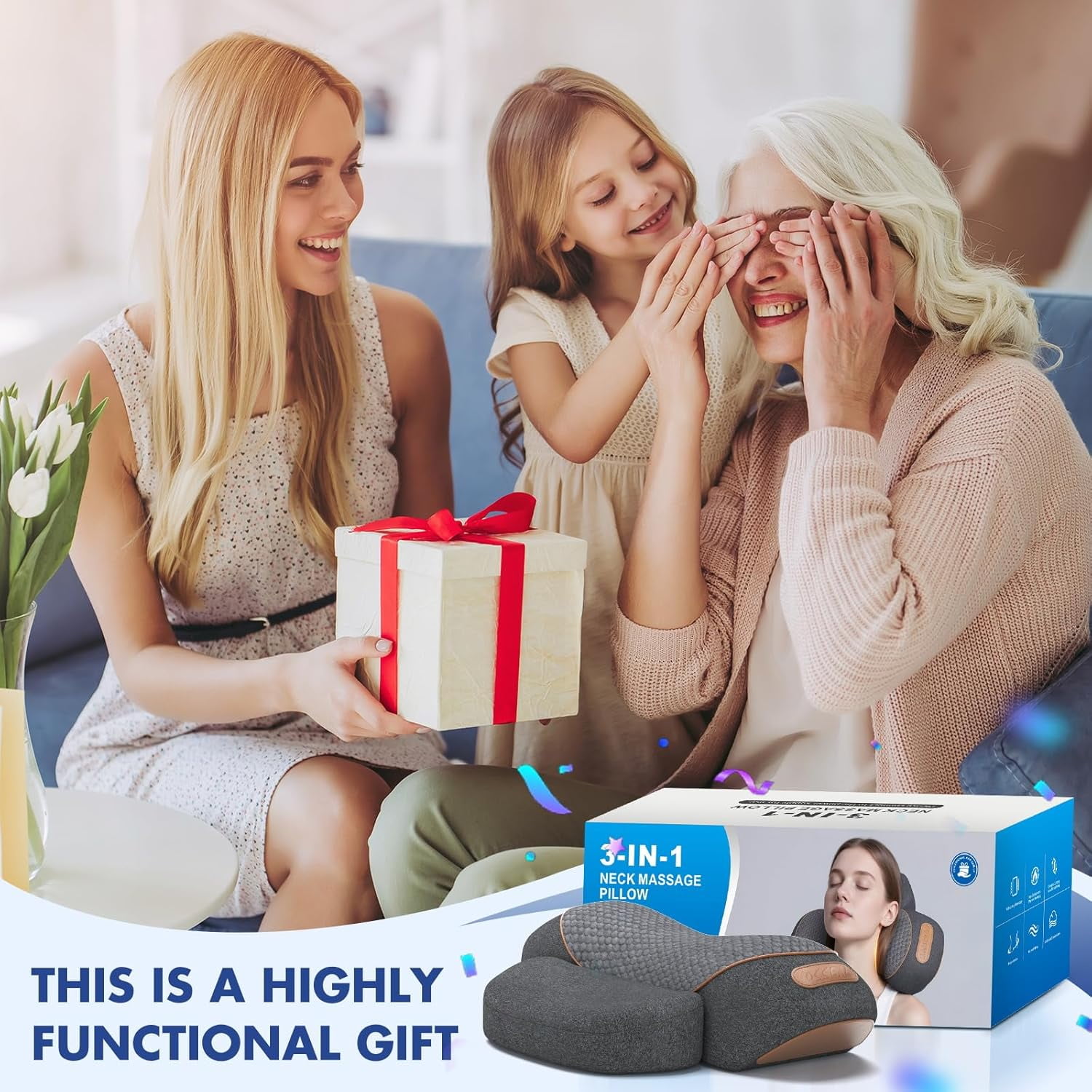 3-in-1 Neck Massager Pillow with Heating and Cervical Traction - Deep Tissue Massage for Pain Relief, Ergonomic Shoulder Massage Pillow, Neck Hump Corrector Ideal Gift for Women and Men Corded