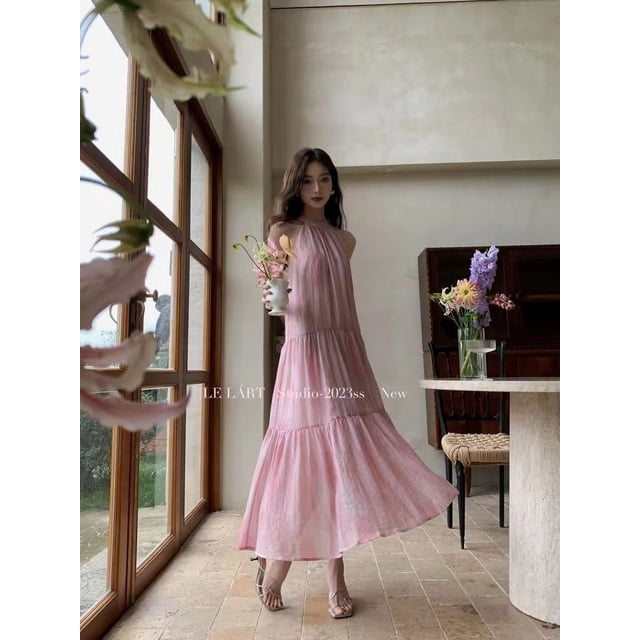 Une Robe en Lin pour Filles pour Femmes 2024 Nouvelle Mode Décontractée Sans Manches Unie Débardeur Robe d'Été Chic Vintage Plissée Ample Robe Maxi