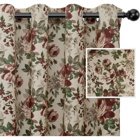 Floral Printed Blackout Curtain 84 Inch Length Grommet Thermal Insulated Room Darkening Window Curtain for Bedroom, Living Room, Kids Room (Set of 2 Panels, Beige)
