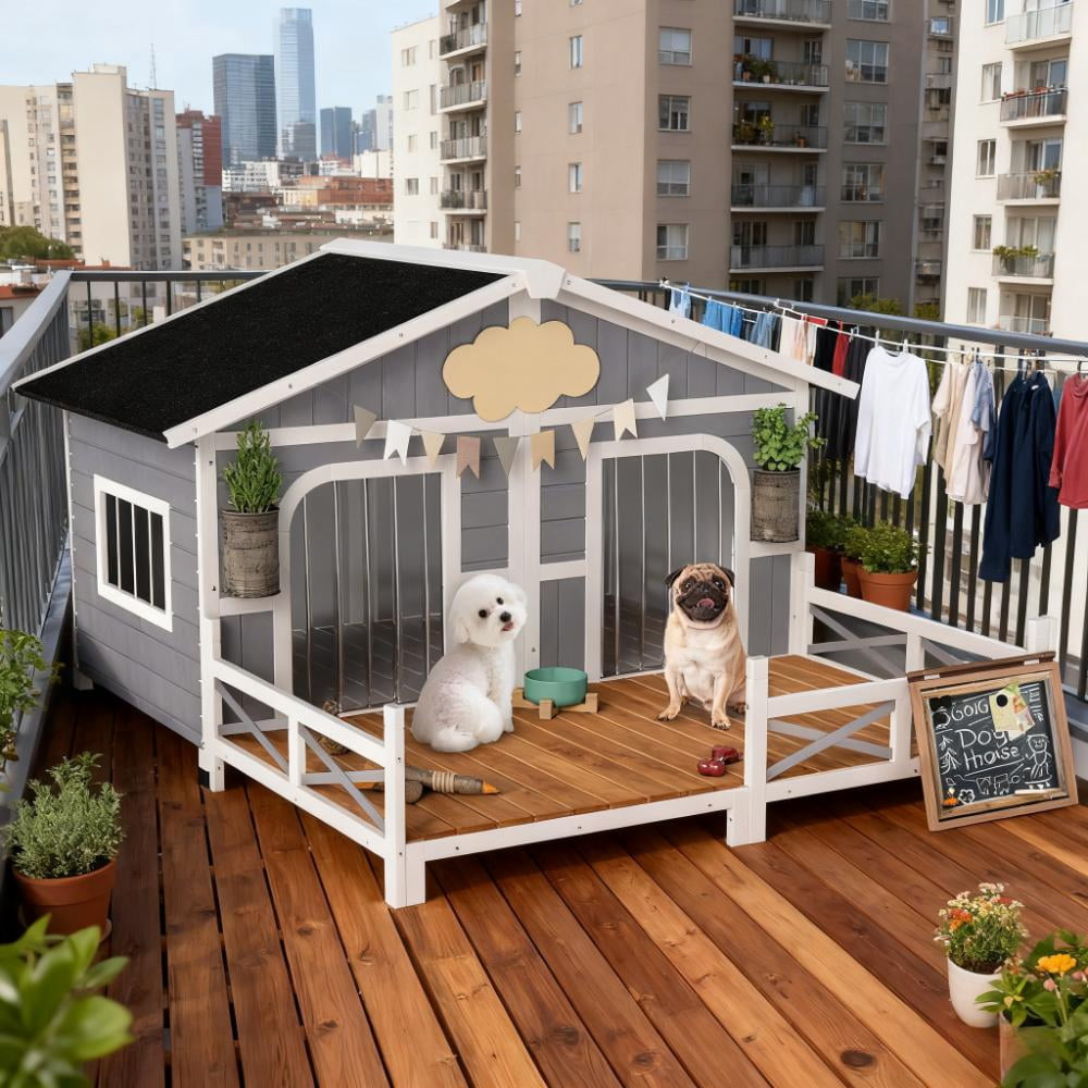 Large Indoor Outdoor Dog House,Wood Insulated Dog House,Weatherproof Outside Shelter with Elevated Floor,Easy to Assemble(59""L x 63.5""W x 39.25""H)