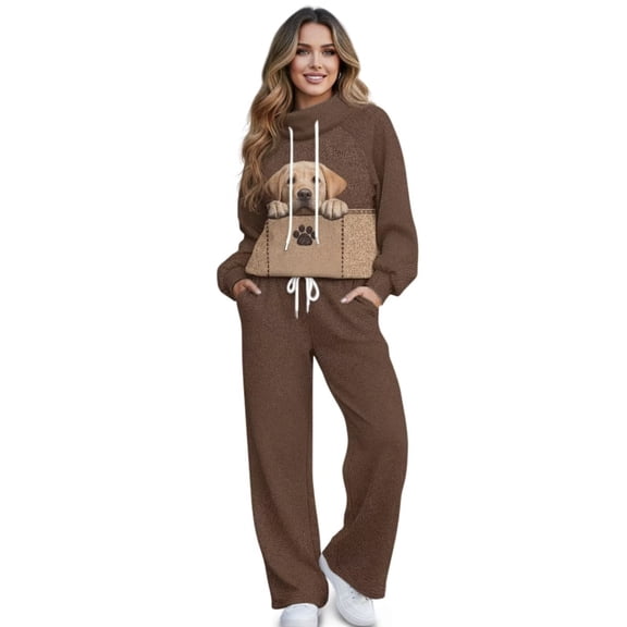 Renewold Sweatsuits Women 2 Piece Outfit Oversized Matching Tracksuit Sets Long Sleeve Top and High Waisted Wide Leg Sweatpants with Pockets Warm Fall Winter Outfits, Labrador Paw Print Brown, XS