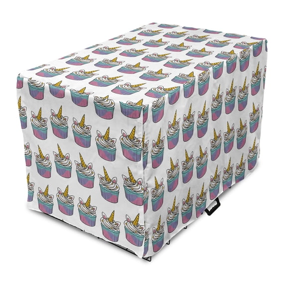 Cupcake Dog Crate Cover, Unicorn Themed Whipped Cream with Horns Baked Tasty Cakes Motifs Pattern, Easy to Use Pet Kennel Cover for Dogs, 35" x 23" x 27", White and Multicolor, by Ambesonne