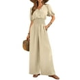 thumbnail image 3 of Womens Jumpsuits Short Sleeve V Neck Dressy Casual Wide Leg Pants Romper Beige L, 3 of 9