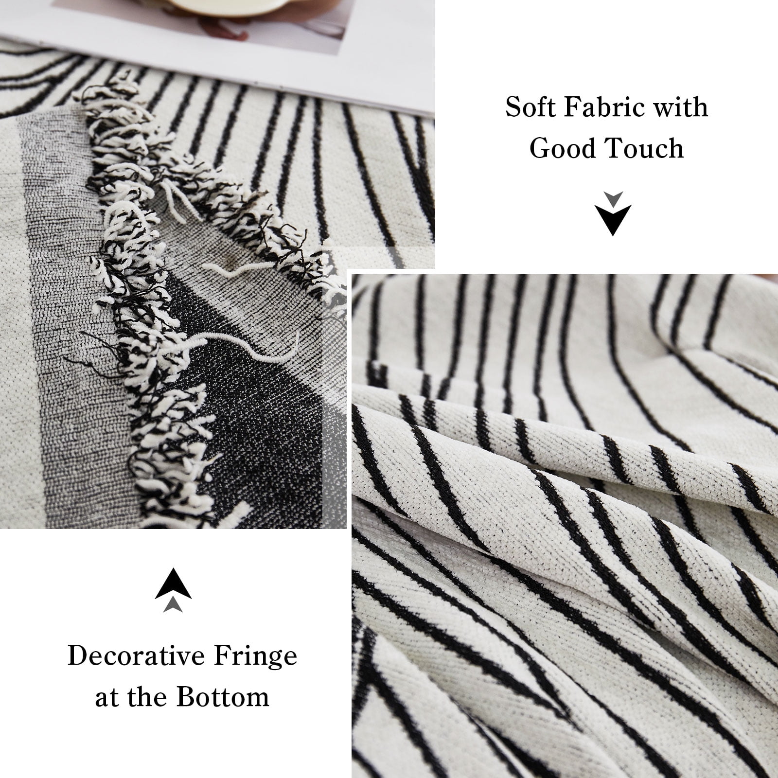 Eurhowing Boho Couch Cover for 2-3 Cushion Couch, Chenille Sofa Cover Blanket with a Pillowcase, Anti-Slip Tassel Sofa Slipcover for Pet, (71'' x 118'', Black Stripe)