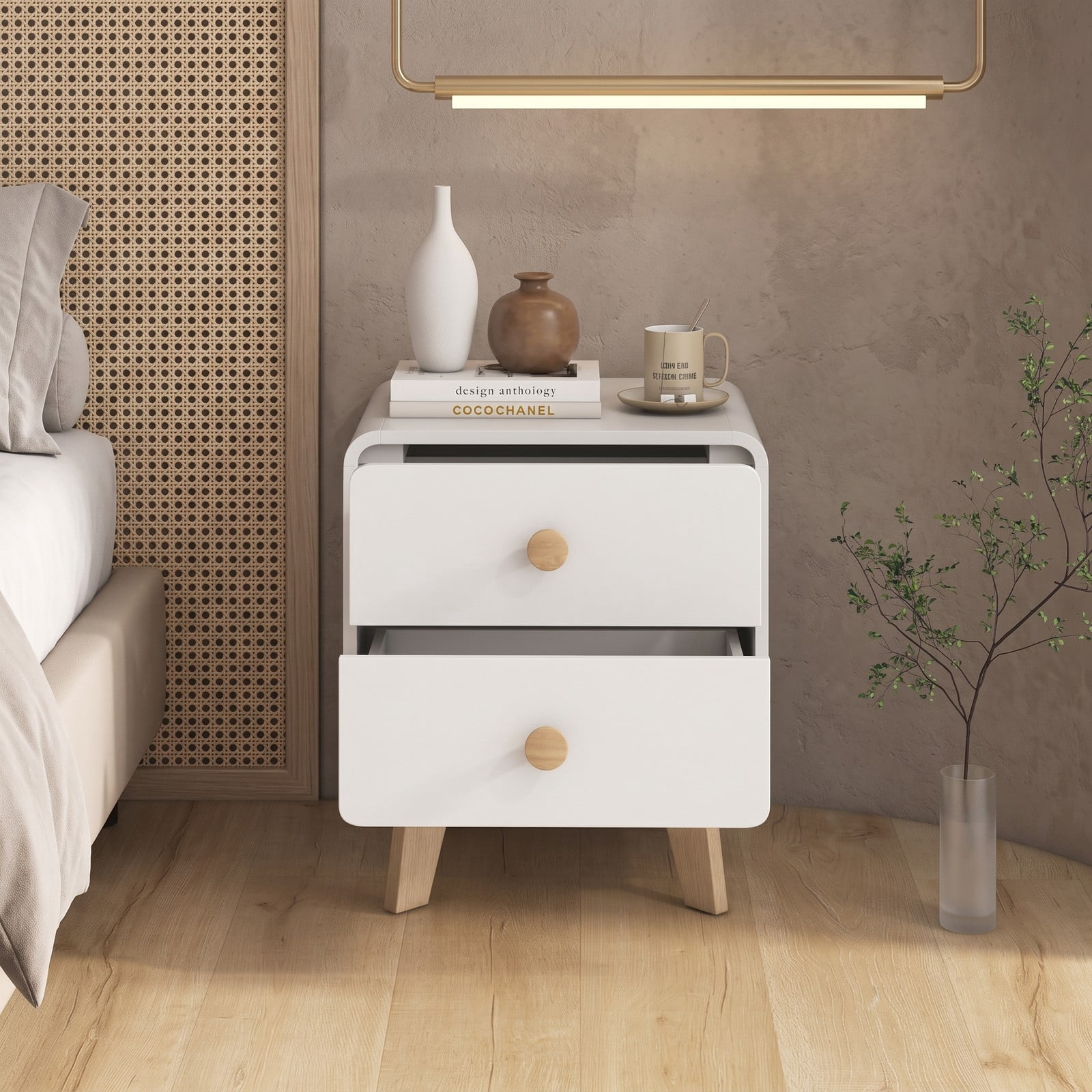 Furnibear Nightstand Set of 2 with 2 Drawers Each and Solid Rubber Wood Legs, Mid-century Bedside Tables for Bedroom, White
