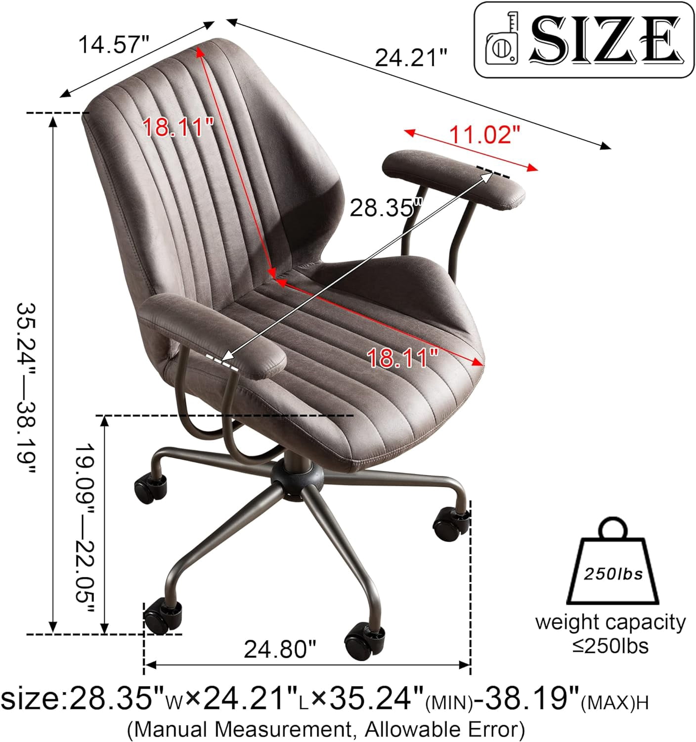 XIZZI Ergonomic Office Chair with Wheels Suede Fabric Swivel Gaming Chair,Modern Adjustable Computer Chairs with Armrest-Dark Grey