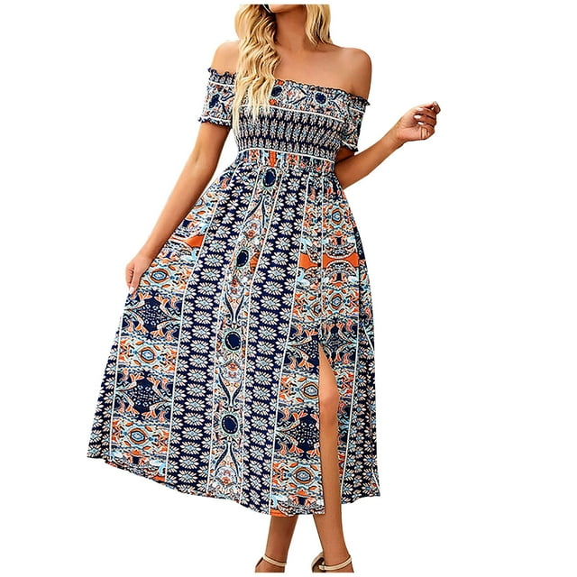 EQWLJWE Robes d'Été pour Femmes 2023 Mode Féminine Décontractée Printemps et Été Robe Sans Manches à Épaules Dénudées Robe à Imprimé Floral Liquidation Robes pour Femmes